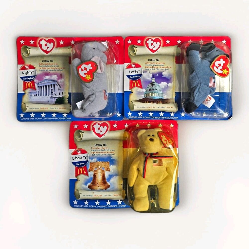 Vintage 1999 McDonald's Ty Teenie Beanie Babies American Trio Set Righty Lefty